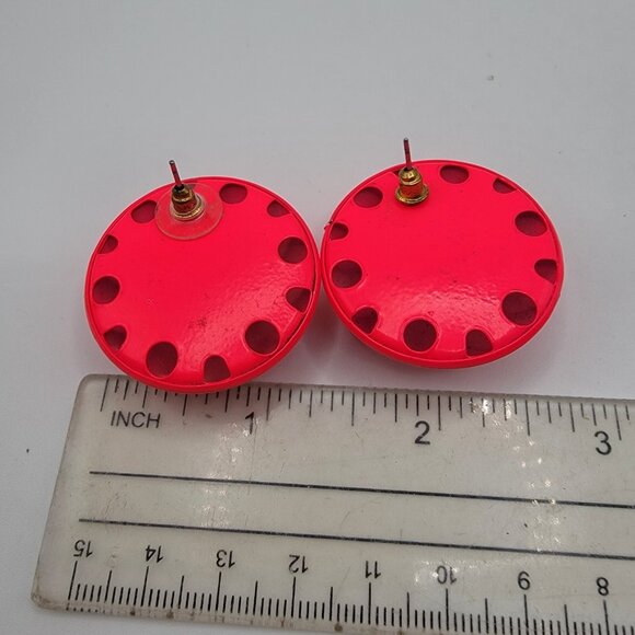 80s Flourescent Pink Large Round Pierced Earrings 80s Theme‎ Party - Picture 3 of 5